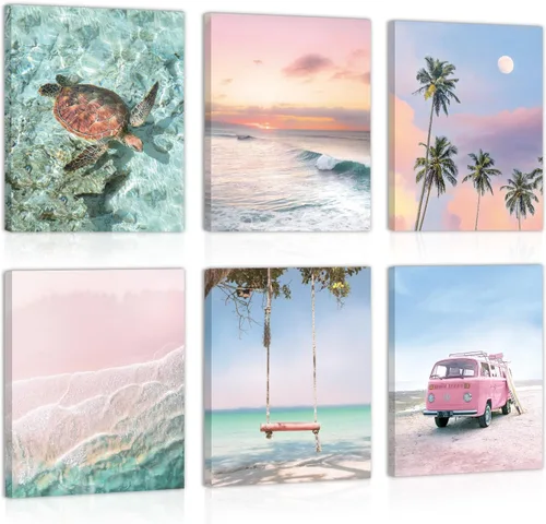 HPNIUB Arte de Lienzo de Playa para Pared, Pósteres Tropicales de Verano Costeros del Océano, Juego de 6 Piezas (8 x 10 pulgadas, enmarcado)
