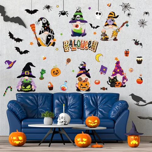 Miniatura 4 de Whaline Decoración de pared de gnomo de Halloween, gnomo, murciélago, araña, calabaza, calcomanías de pared, lindas calcomanías de arte extraíbles