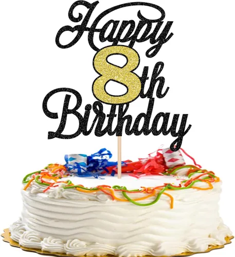 Miniatura 73 de Rsstarxi 1 paquete de decoración para tarta de cumpleaños 8 con purpurina negra de 8 años y fabulosos saludos a 8 años de edad, para celebrar el 8º