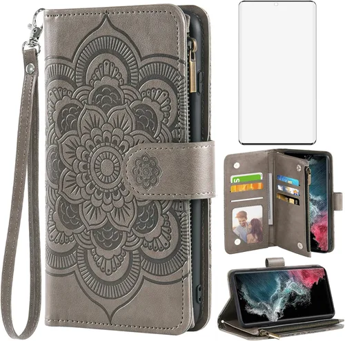 Asuwish Funda tipo cartera compatible con Samsung Galaxy S22 Ultra 5G y protector de pantalla de vidrio templado, tarjetero de piel con tapa para