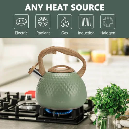 Miniatura 4 de Tetera de Harriet para estufa, tetera de 2.5QT con silbato de 5 capas en la parte inferior, tetera de acero inoxidable de grado alimenticio con Verde