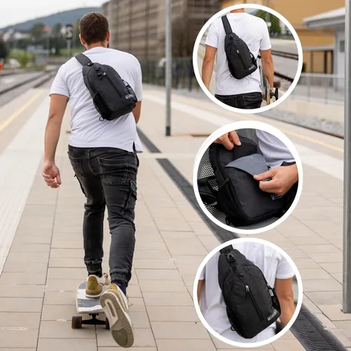 Miniatura 4 de Carrywell Mochila cruzada (no fabricada en China), mochila pequeña para viajes, senderismo, bolsa de pecho antirrobo, ligera Negro