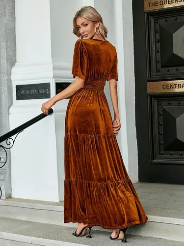 Miniatura 4 de Amegoya Vestido largo de terciopelo de manga corta con cuello en V para mujer, vestido largo formal para invitados de boda, otoño, noche, fiesta
