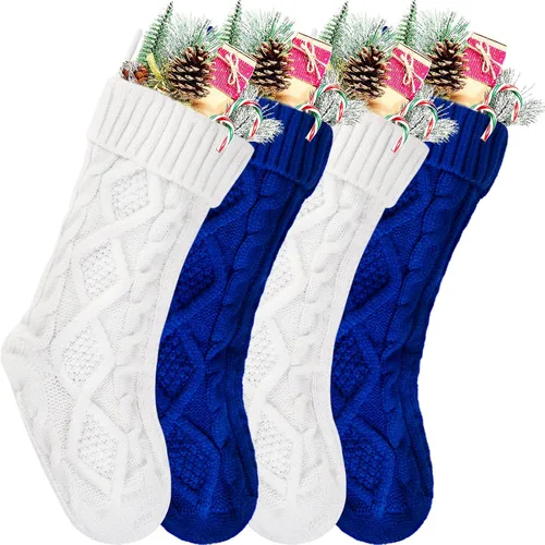 Miniatura 5 de Medias Navideñas a Granel, Medias Navideñas de Punto Trenzado Azul de 18 Pulgadas para Decoración de Fiestas de Navidad, Paquete de 4