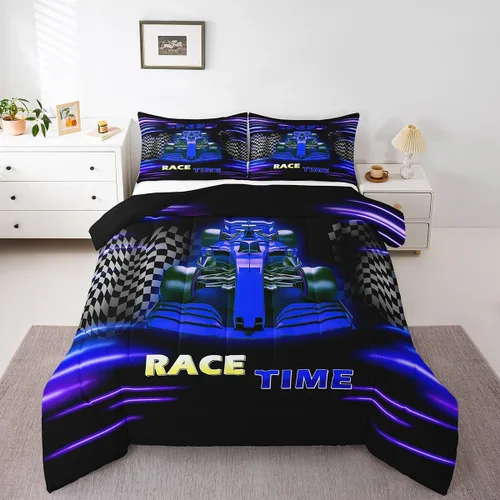 Miniatura 12 de Feelyou Juego de edredón azul de carreras para niños, juego de ropa de cama de coche deportivo para niños y niños, edredón deportivo geométrico a