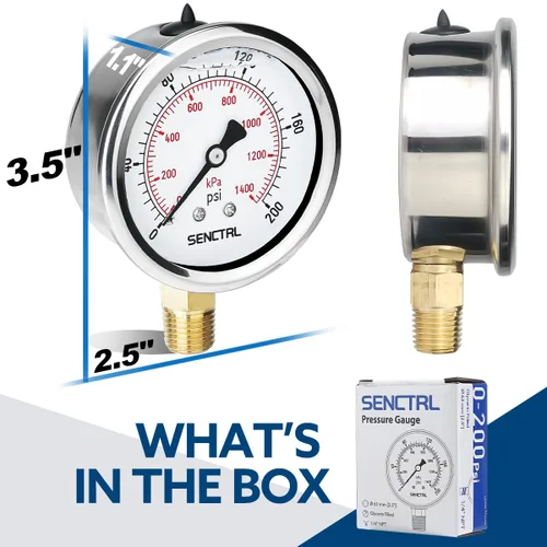Miniatura 6 de SENCTRL 0-200 Psi Presión de Líquido Llenó de Glicerina, Medidor de Presión con Esfera de 2.5 Pulgadas, Montaje Inferior de 1/4 Pulgada NPT, Caja