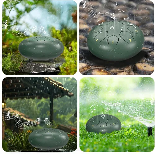 Miniatura 4 de Tambor de lluvia para jardín exterior, 6 pulgadas, 8 notas, tambor de lengua de acero, chakra, impermeable, carillón de lluvia para meditación, Verde