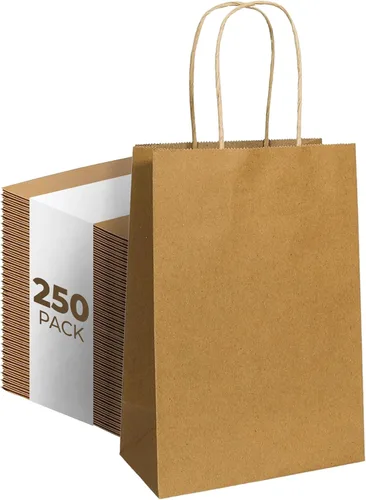 PTP - 250 bolsas de mano para regalo, de papel, Kraft | Perfectas para cumpleaños, bodas, vacaciones y toda ocasión | Colores blanco o natural |