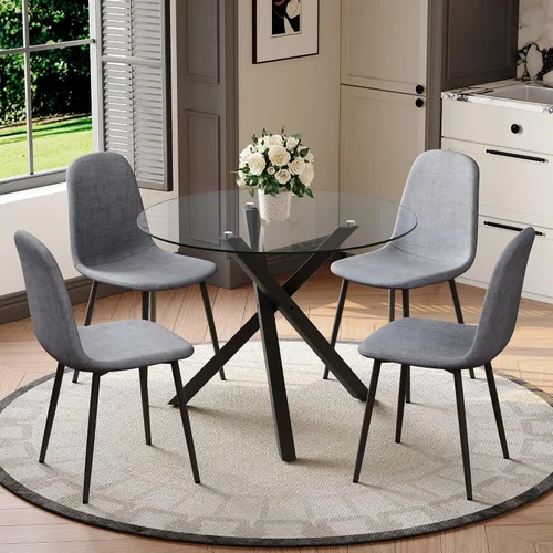 Miniatura 26 de Juego de mesa de comedor redonda para 6, juego de mesa de comedor de vidrio de 39 pulgadas con base de metal ajustable dorada en forma de X y 6