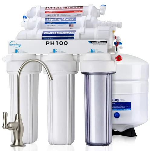 iSpring PH100 Sistema de filtro de agua alcalina por ósmosis inversa, sistema de filtrado de agua potable de 6 etapas con remineralización pH+ bajo