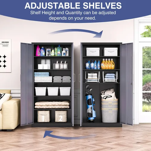 Miniatura 5 de Armario de almacenamiento de metal con 2 puertas y estantes ajustables, armario de metal ancho, gabinete de almacenamiento bajo, gabinete de acento