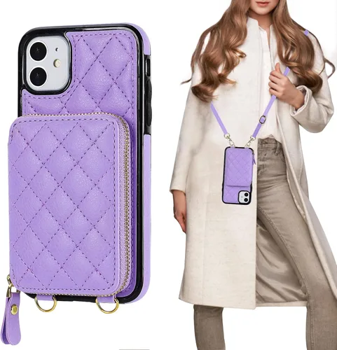 Miniatura 11 de Bocasal Funda tipo cartera cruzada para iPhone 11, con bloqueo RFID, de piel sintética, con cremallera, funda tipo cartera con función atril y Negro