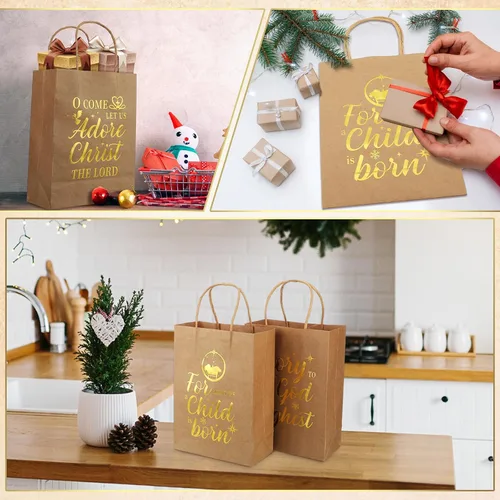 Miniatura 6 de Yeaqee 36 bolsas de papel kraft de Navidad, bolsas de regalo metálicas doradas religiosas con asas para envolver, 6 1/2 x 3 1/4 x 9 pulgadas