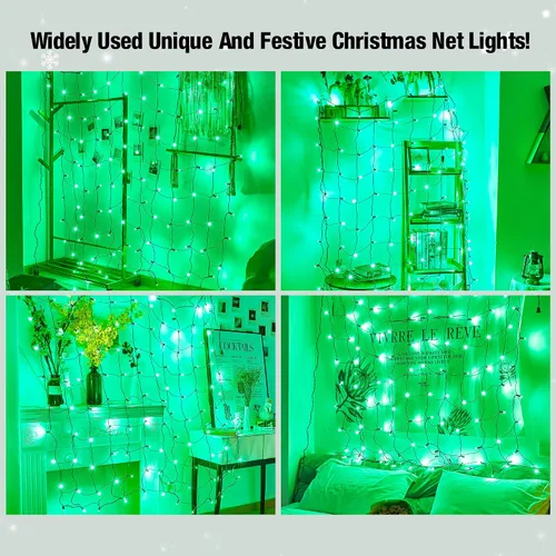 Miniatura 2 de Red de luces LED verdes de Navidad para exteriores, 120 LED de 6 x 5 pies, tira de luces de malla conectables para exteriores e interiores