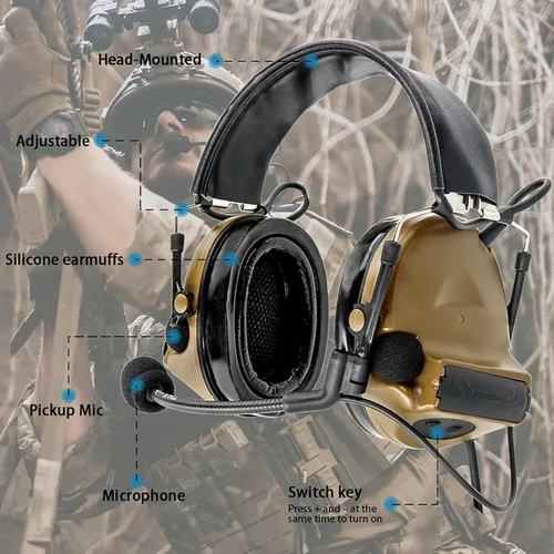 Miniatura 3 de Auriculares tácticos Hearangel, reducción de ruido con captación de sonido y PTT Ken de 2 pines para actividades de airsoft Marrón coyote
