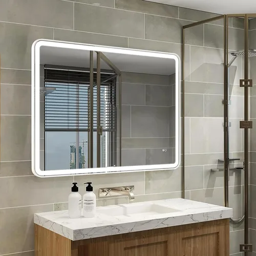 Miniatura 11 de WELLFOR Espejo LED enmarcado de 48 pulgadas de ancho x 36 pulgadas de largo, espejo rectangular de esquina redondeada de metal con luces para baño