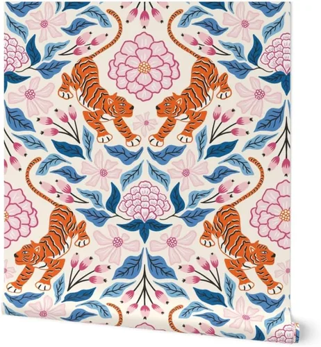 Papel tapiz autoadhesivo para despegar y pegar, Maximalist Tropical Jungle Damasco, exótico, botánico, floral, tigre, rosa, azul, papel tapiz