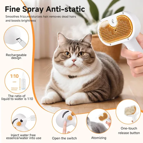 Miniatura 9 de Juego de cepillos de vapor para mascotas 3 en 1 para perros y gatos, peine de aseo con aerosol, herramienta de desfurado, depilación asistida por