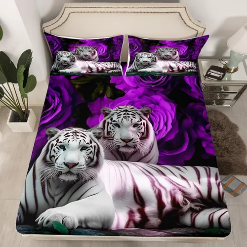 Miniatura 11 de Erosebridal Juego de sábanas bajeras de rosas rojas y leopardo, tamaño individual, diseño de animales africanos salvajes, diseño de plantas