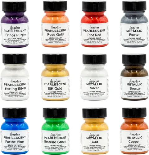 Angelus Kit de pintura acrílica para cuero, juego de 12 unidades (1 onza cada uno), pintura acrílica metálica profesional, flexible, resistente a