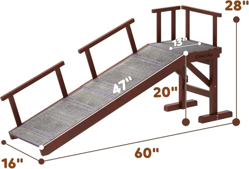 Miniatura 4 de Onelike Rampa de madera para perros con riel lateral extraíble y alfombra antideslizante, escalera estable para mascotas para sofá para perros