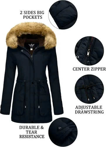 Miniatura 6 de YXP - Chaqueta de invierno tipo parka militar con capucha de piel, de algodón y cálido vellón para mujer