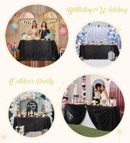 Miniatura 3 de Juya Delight Mantel rectangular negro de lentejuelas de 50 x 80 pulgadas para fiesta, cena, banquete, festival, boda, aniversario, exposición, mesa