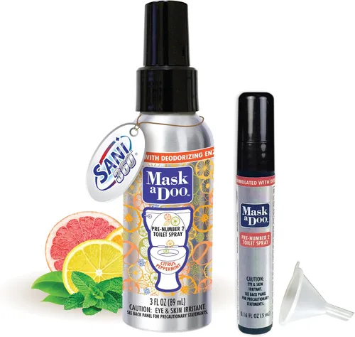 SANI 360° Mask a Doo - Aerosol para inodoro, fórmula de enzima desodorizante portátil para baño, espray neutralizador de olores con repuesto de 0.2
