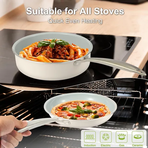 Miniatura 2 de Juego de ollas y sartenes antiadherentes, juego de utensilios de cocina de cerámica de 5 piezas, asas de acero inoxidable, compatible con inducción