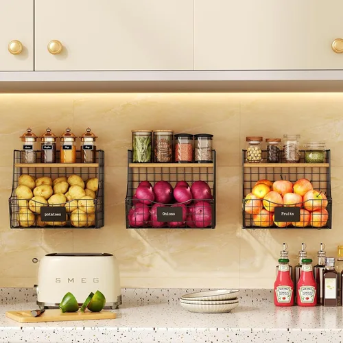 Paquete de 3 cestas de frutas para cocina con tapa de madera - Almacenamiento de cebollas y papas montado en mostrador y pared con placa de