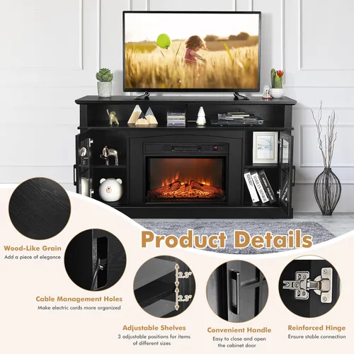 Miniatura 3 de GOFLAME Soporte de TV de 58 pulgadas con inserto de chimenea eléctrica, centro de entretenimiento con chimenea con armarios laterales y estantes