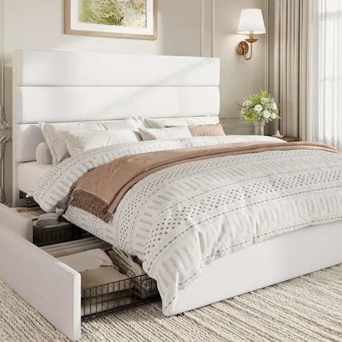 Miniatura 12 de SHA CERLIN Base de cama de plataforma de tamaño matrimonial con 4 cajones de almacenamiento, cabecera tapizada de terciopelo, base de colchón