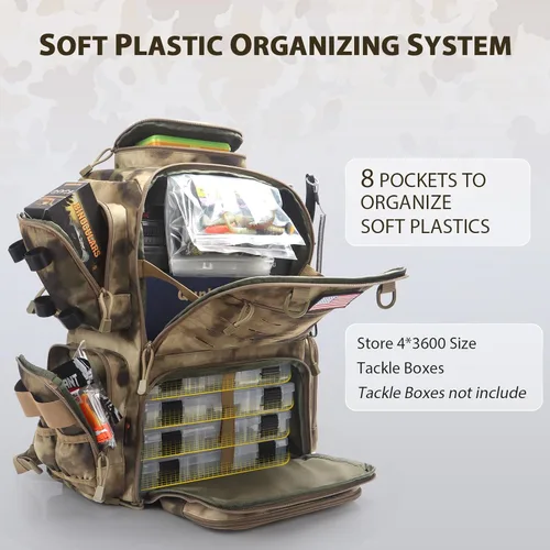 Miniatura 2 de Mochila de aparejos de pesca, mochila de pesca resistente al agua con soportes para cañas para 4 cajas (cajas no incluidas)