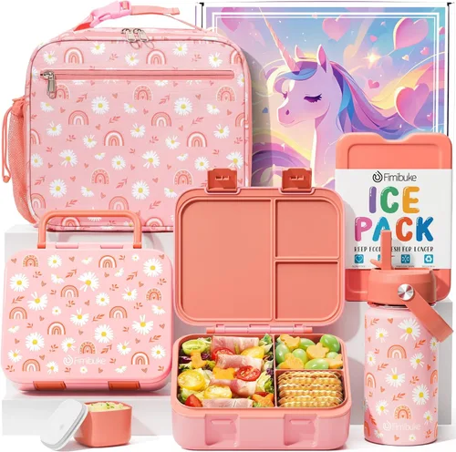 Miniatura 11 de Fimibuke - Lonchera Bento para Niños - Juego de Caja de Almuerzo Bento para Niños Pequeños con 3 Compartimentos, Botella de Agua de Acero A3.
