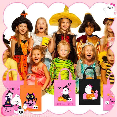 Miniatura 7 de Toulite 24 bolsas no tejidas de Halloween con asa a granel, bolsas reutilizables de regalo de vacaciones, fantasma, calabaza, araña, golosinas