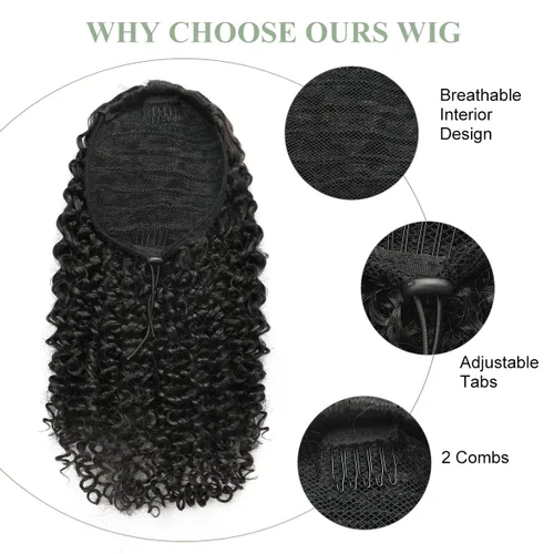 Miniatura 5 de Halcyon Extensión de cola de caballo con cordón para mujeres negras, 14 pulgadas, con cordón rizado, sintético, clip instantáneo, extensión de cola