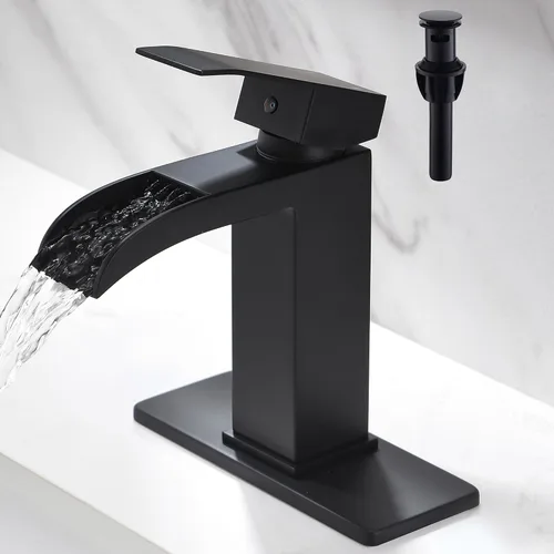 Grifo de baño cascada negro – Grifo de lavabo de baño de una sola manija negro mate de 1 o 3 agujeros| Grifo de tocador sólido de un solo orificio