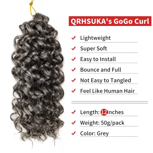 Miniatura 4 de QRHSUKA - Mechones rizados con ganchillo GoGo, cabello ondulado con ganchillo de agua para mujeres, sintético gris, trenzado bohemio, trenza de onda