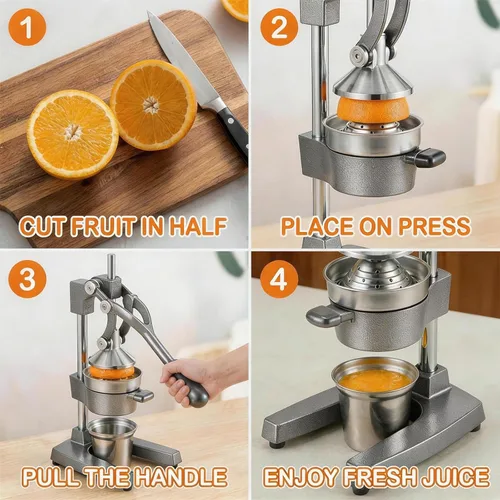 Miniatura 4 de Exprimidor manual de cítricos de hierro fundido, exprimidor manual de naranja con taza y colador de acero inoxidable 304, prensa de granada de Gris