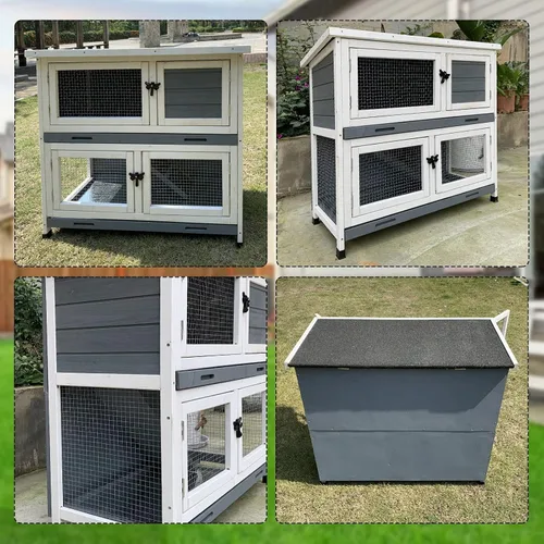 Miniatura 9 de Conejera de madera maciza de 2 pisos con 2 habitaciones principales grandes, para interiores y exteriores, jaula para conejillos de indias, casa Gris