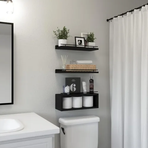 Miniatura 2 de WOPITUES Estantes flotantes para pared con estante de cubo, estantes de pared con riel de metal para decoración de baño, organizadores