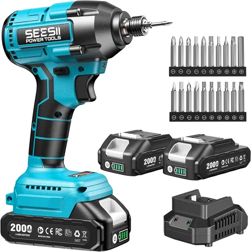 SEESII Kit de destornillador de impacto inalámbrico, juego de destornillador de impacto de par máximo de 21V 1590 pulg-lb (180 N·m) con dos baterías