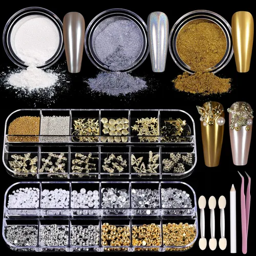 Miniatura 8 de Teenitor Juego de polvos de uñas cromados con dijes de uñas, polvo cromado plateado para uñas, polvo cromado de perlas de neón, gemas y perlas