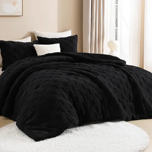 Miniatura 9 de Litanika - Juego de edredón esponjoso tamaño individual color beige, 3 piezas, ropa de cama de sherpa de felpa cálida para invierno, juego de cama