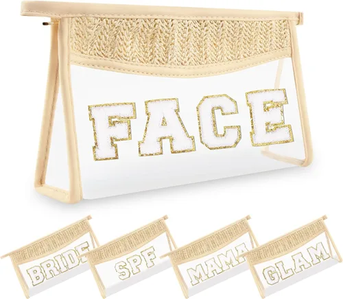 Miniatura 11 de Pequeñas bolsas de maquillaje transparentes de paja bohemia para mujeres y niñas, bolsa de cosméticos con cremallera de chenilla, bolsa de parche
