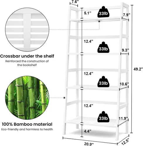 Miniatura 3 de Homykic Estantería Escalera, Estantería de Libros Escalera de Bambú de 4 Niveles, Estante de Libros Blanco de 49.2", Librera Abierta Independiente