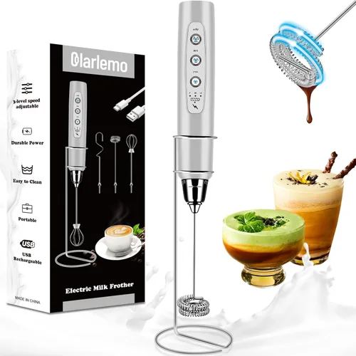 Miniatura 13 de Colarlemo Espumador de Leche de Mano Recargable con Soporte, Varita Espumadora Mezclador de Bebidas Batidor Eléctrico para Café, Desmontable con 3