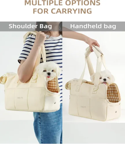 Miniatura 8 de ONECUTE Transportador para perros pequeños, conejos, gatos con bolsillos grandes, bolsa de algodón, transportador para perros de lado suave, Beige