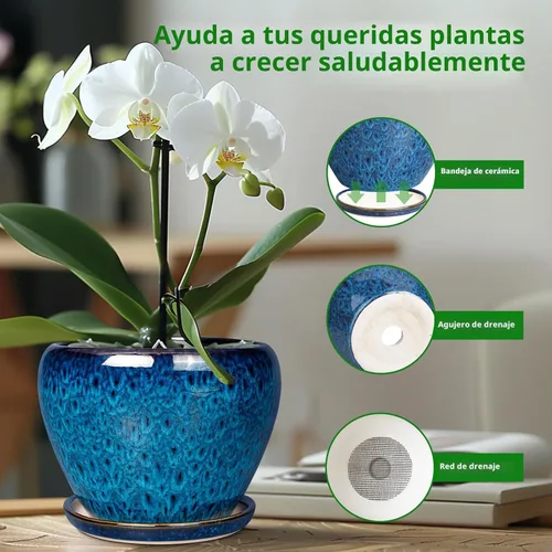 Miniatura 4 de Maceta de Cerámica Moderna con Esmalte para Suculentas con Agujero de Drenaje y Platillo, Maceta Redonda de 6 Pulgadas para Plantas de Flores