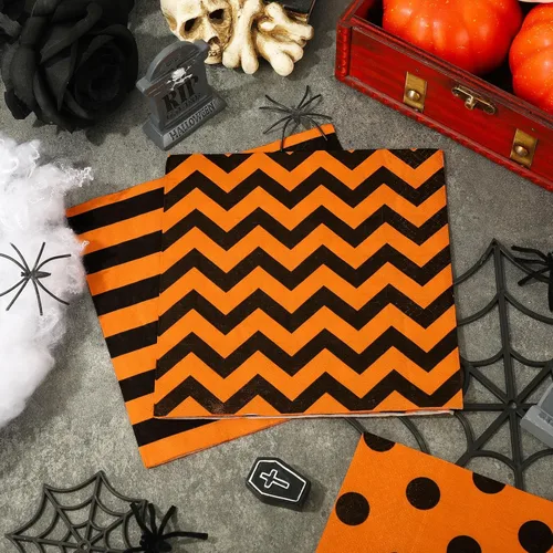 Miniatura 5 de Whaline Servilletas de papel de Halloween de 6.5 pulgadas de color naranja y negro a rayas onduladas con lunares, servilletas geométricas